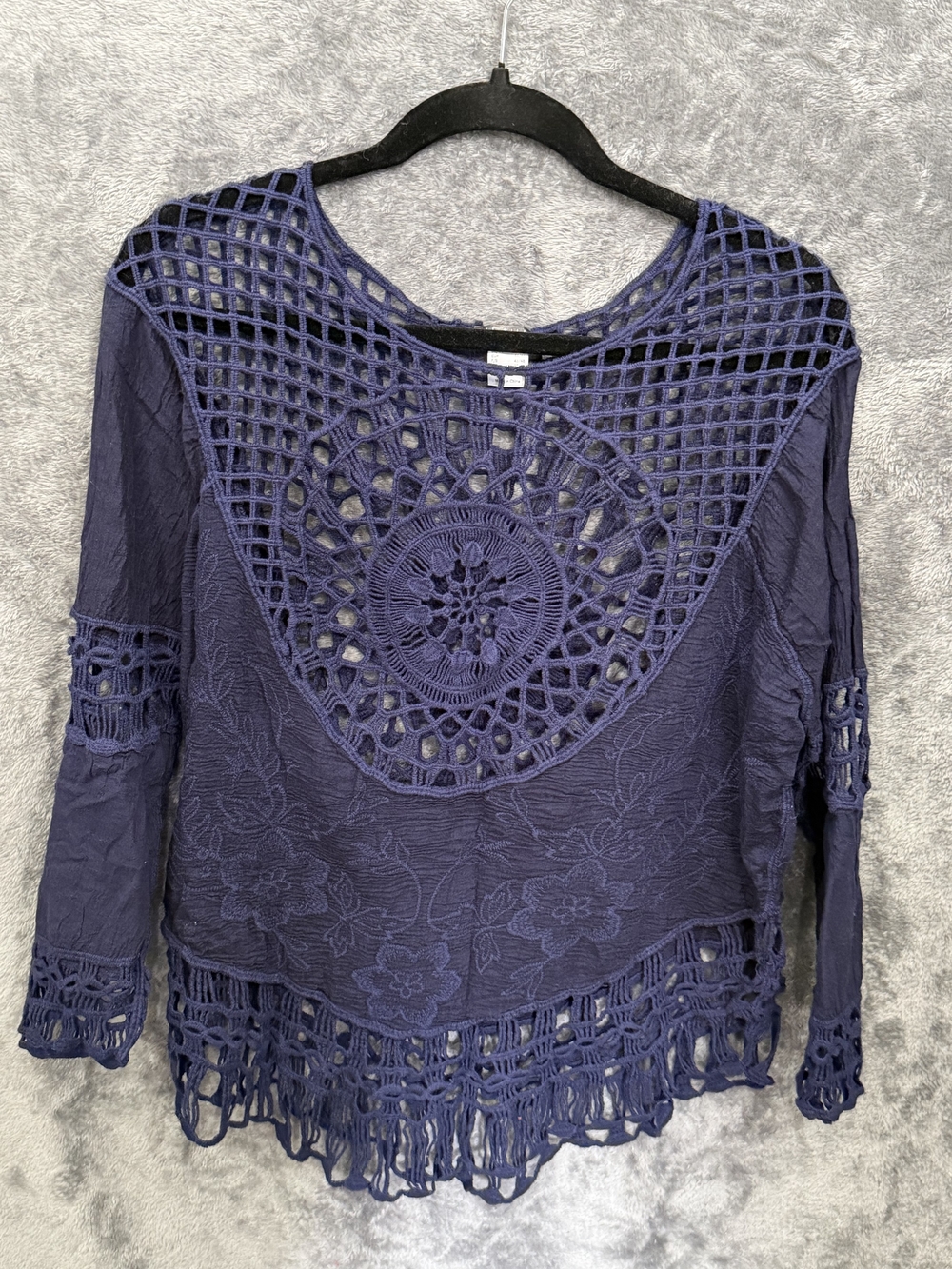 VENUS Navy Crochet Yoke Long Sleeve Blouse